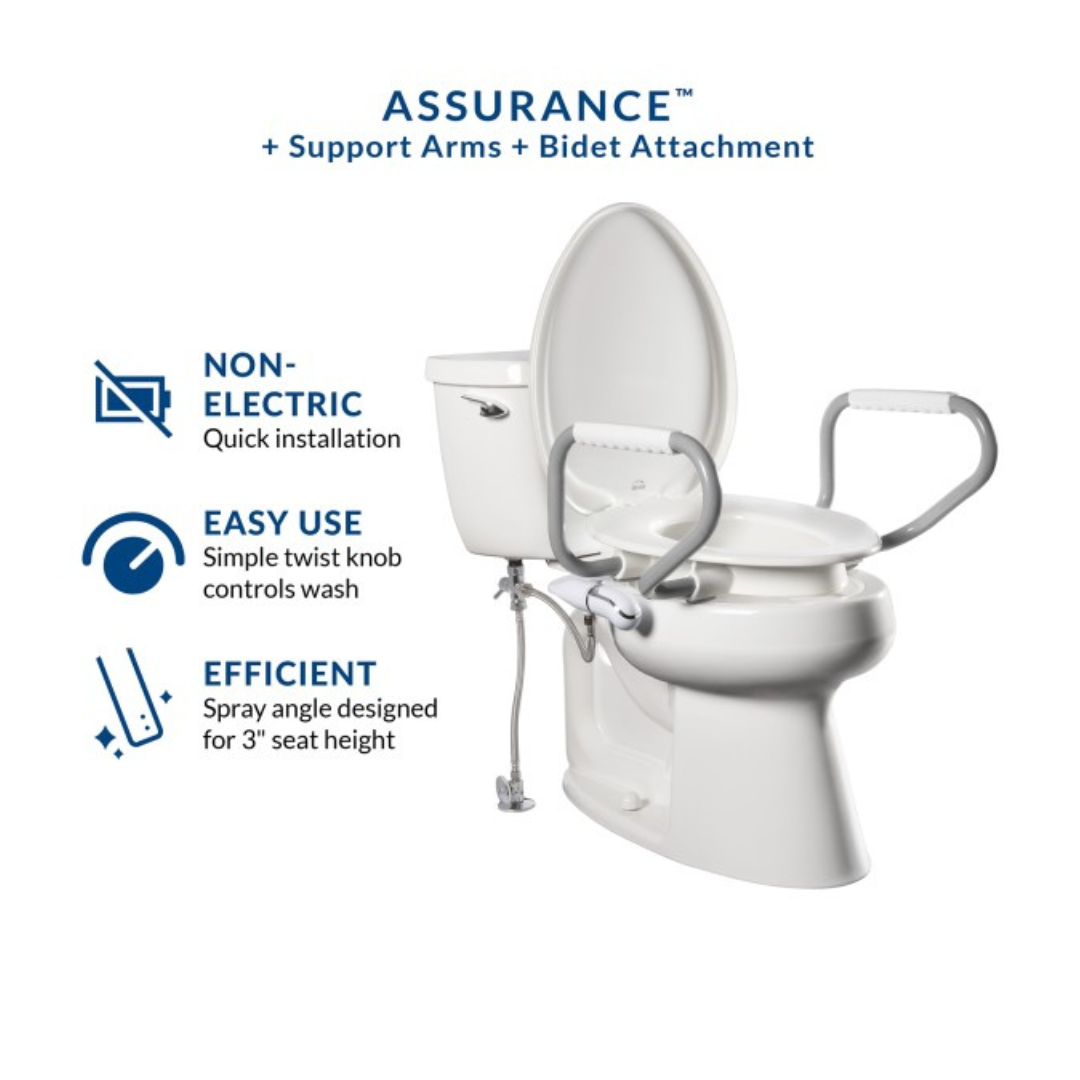 Image of a Bemis Assurance® with Clean·Shield 3 Premium Raised Toilet Seat in white with raised support arms and bidet. Features include non-electric Stay•Tite installation, easy use via twist knob control, and efficient spray angle for the 3 raised seat height.